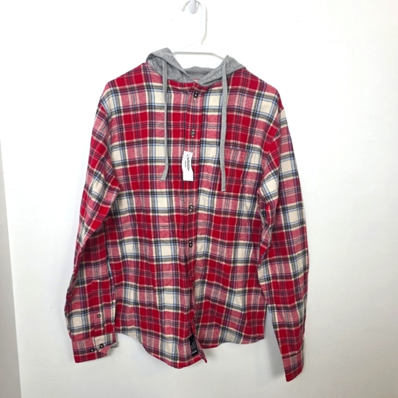 NEW RSQ Red Cream Plaid Button Up Hooded Outdoor Flannel Jacket Size Small - Picture 1 of 10